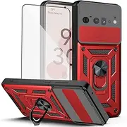 Asuwish Phone Case for Google Pixel 6 Pro with Slide Camera Cover and Tempered Glass Screen Protector Hard Stand Ring Holder Hybrid Cell Accessories Pixel6Pro Pixel6 XL 6XL Pixle 6Pro 5G Men Red