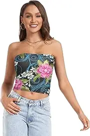 [RPLIFE] Vibrant Pink Flowers Black Crop Tube Tops for Women, Sexy Tube Tops, Sheer Tube Tops, Summer Tube Tops for Women (S)
