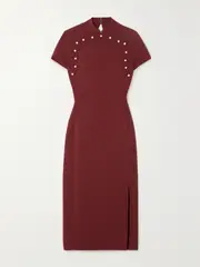 [Huishan Zhang] Huishan Zhang - Lei Open-back Faux Pearl-embellished Crepe Midi Dress - Burgundy - UK 8 UK 8 Burgundy