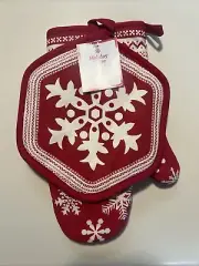 Holiday Time Potholder and Oven Mitt Set Snowflake Red