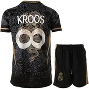 [PraiseLight] R. Madrid Kroos 8 Infinity Forever Retro Black Dragon Limited Special Edition Children's Jersey with Short, Football Set Youth Sizes (Black/Gold, 140 (6-7 Years))
