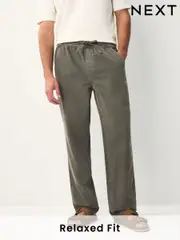 Khaki Green Relaxed Fit Elasticated Waist Cotton Linen Denim Jeans (AK8759) | $33