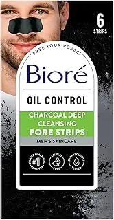 Bioré Men's Blackhead Remover Pore Strips, Charcoal Deep Cleansing Nose Strips for Blackhead Removal on Oily Skin, with Natural Charcoal for Instant Blackhead Removal and Pore Unclogging, 6 Count