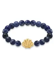 Aqua Clam Shell Charm Gemstone Beaded Stretch Bracelet in 18K Gold Plated Sterling Silver - Exclusive
