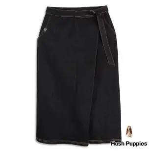 【Hush Puppies】女裝 牛仔裙 女裝不規則開岔顯瘦牛仔中長裙(黑色 / 34223101)