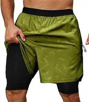 [favmartha] Men's Lightweight 2 in 1 Athletic Shorts with Liner Quick Dry Training Shorts with Zipper Pocket