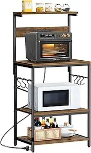 Kisfam Kitchen Bakers Rack with Power Outlet, 4 Tiers Microwave Shelf with 6 S-Shaped Hooks, Kitchen Storage Shelf for Microwave Spices, Pots and Pans Rustic Brown