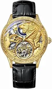 [DAXIAOYU] Luxury Tourbillon Mechanical Watch for Men,Gorgeous Hollow Skeleton Pattern Carved Self-Wind Automatic Watches Luminous Waterproof Vintage Leather Strap Wrist Watches