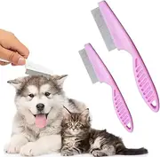 2 Pack Professional Pet Grooming Comb Kit, Stainless Steel Magic Tear Stain & Flea Removal Comb, Fine/Coarse Teeth Detangling Brush for Dogs, Cats, Puppies with Short/Long/Curly Hair (Pink)