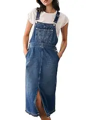 [PLNOTME] Womens Denim Overall Midi Dress Casual Adjustable Straps A-Line Front Split Jean Overall Mid-Length Skirt
