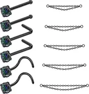 [AccGin] 20g Nose Chain Piercing Across Nose Piercings Jewelry, Stainless Steel Nostril Piercing Jewelry L-Shaped Nose Stud, Cubic Zirconia Nose Rings for Women,Black Silver Gold