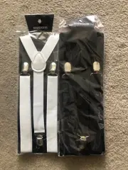 2 x Suspenders 25mm Adjustable Clip On White + Black