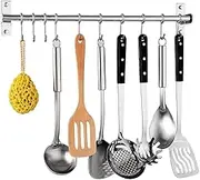 Petilleur Kitchen Sliding Hooks, Stainless Steel Hanging Rack Rail Organize Kitchen Utensil Removable S Hook for Towel, Spoon, Coats, Bathrobe, BBQ,Wall Mounted Hanger (10 Hooks 23.6In)