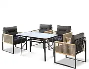 ALFORDSON Outdoor Patio Bistro Set with UV-Resistant PE Wicker, Conversation Set with 4X Armchairs and 120x70x70cm Coffee Table, Lounge Chair & Side Table with Water-Resistant Cushions, Dark Grey