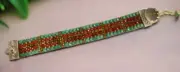 Antique Button Bracelet- Woven Beaded With Metal Crescent Moon Button