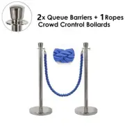 2x Queue Barriers + Ropes Crowd Control Bollards Stands (Silver WITH BLUE ROPE)