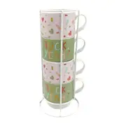 4pc Urban Funky Quote f*ck Yeah Stacked 300ml Ceramic Mugs w/ Metal Rack Cup GRN