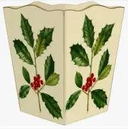 MARYE-KELLEY, AMERICAN HOLLY on IVORY HOLIDAY WOODEN WASTEPAPER BASKET