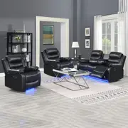3+1+1 Seater Seater Finest Black Leatherette Recliner Feature Console LED Light Ultra Cushioned