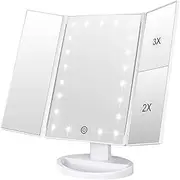 Lighted Makeup Mirror, Tri-fold Vanity Mirror with 3X/2X/1X Magnification,21 Natural LED Nights and Touch Screen, Batteries and USB Power Supply Adjustable Tabletop Cosmetic Mirror (White)