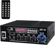 Audio Amplifier, Bluetooth 5.0 Power Amplifier, 2-Channel Stereo Audio Receiver with 5-Band EQ Mixer, USB/SD Inputs, DVD/AUX Signal Support, FM Radio & Remote Control for Car and Home Theater