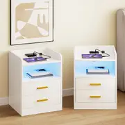 Advwin Set of 2 Bedside Table 2 Drawers LED Nightstand with Human Induction and Wireless Charging Station USB & Type-C Port White