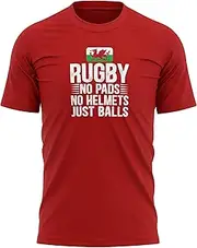 [Purple Print House] Mens Wales No Pads No Helmets Just Balls Rugby T Shirt Cymru Rugga Supporter Welsh Tee