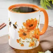 Floral Bees Mug, Orange Flowers Mug, Spring Decor, Coffee Cup, Tea Mug - 11oz