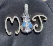 2.20Ct Round Cut Simulated Diamond White Gold Plated M$J Letter Pendant 2.0"