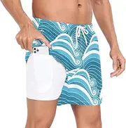 [GuoChe] Mens Short Swim Trunks Men's 2 Layer Workout Shorts Jpanese Waves Blue with Pockets and Compression Liner Volleyball