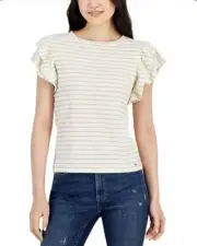 TOMMY HILFIGER Women's Striped Metallic Flutter-Sleeve Top S