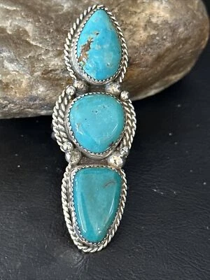 Womens Blue Kingman Turquoise Navajo Sterling Silver 3 Stone Ring Size 11 14497