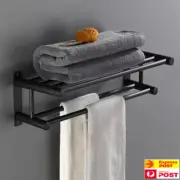 Matt Black Bathroom Double Towel Rack Rail 2 Shelf Wall Mounted Hook AU Stock