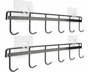 Adhesive Wall Hooks Rack Kitchen Rail, Space Saving Utensil Holder No Drilling Wall Mounted Accessory Hanger With 6 Hooks For Kitchen Bathroom Bedroom 2 Pa