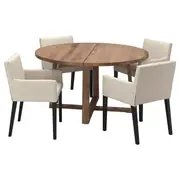 MÖRBYLÅNGA / MÅRENÄS table and 4 chairs with armrests, oak veneer brown stained/black Gunnared beige, 145 cm