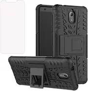 Phone Case for Nokia 3.1 with Tempered Glass Screen Protector Cover and Stand Kickstand Hard Rugged Hybrid Protective Cell Accessories Nokia3.1 2018 Cases Silicone Soft TPU Protection Women Men Black