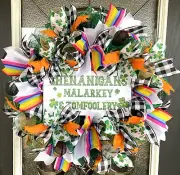 Rainbow Shenanigans Malarky Shamrock St Patricks Day Deco Mesh Front Door Wreath