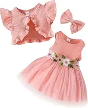 [AIEOE] Christening Dress Baby Girl Set Waffle Jacket + Net Tutu with Flowers + Hair Accessories Baby Dress for Christening Wedding Summer 3 Months - 3 Years, Pink, 18-24 Months