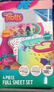 DreamWorks Trolls Full Size 4 Piece Sheet Set Flat, Fitted & 2 Pillow Cases NEW