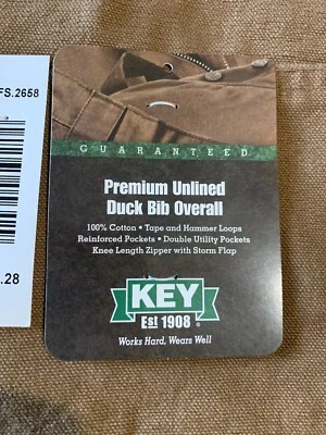 Premium Unlined Brown Duck Bib Overall Key New 46x32 Traditional Fit Cuff Zip