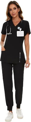 COZYFIT Scrubs for Women Set - Stretch V-Neck Scrub Top & Jogger Pant with 8 Poc