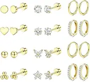 [Jstyle] Hypoallergenic Surgical Steel Earrings for Sensitive Ears 14K Gold Flat Back Earrings for Women Men Small Stainless Steel Earrings Flatback Stud Hoop Cartilage Earring Set for Multiple Piercing