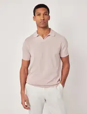 Hawes & Curtis Dusky Pink Open Collar Knitted Cotton Polo Shirt | Short Sleeve Size: XXL