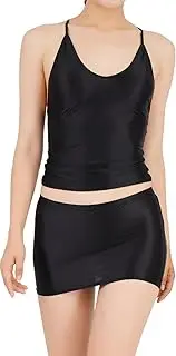 [KEOYA] Women's Shiny Oily Top Skirt Set Sexy Glossy Halter Neck Tank Top Low Waist Skirt Set Elastic Outfit Set