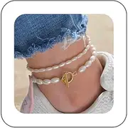[Andelaisi] Boho Layered Pearl Ankle Bracelet White Pearl Toggle Ankle Bracelet Vintage T Bar Anklet Bracelet Baroque Pearl Foot Chain Jewelry for Women and Girls