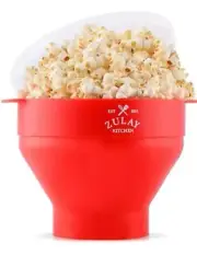 Zulay Kitchen Microwave Silicone Popcorn Popper Collapsible BPA Free Red w/Lid