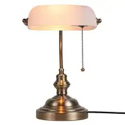 White Matted Glass Bankers Desk Lamp with Pull Chain Switch Plug in Fixture