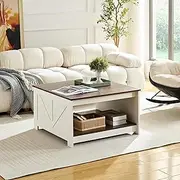 [OKYCI] Farmhouse Coffee Table for Living Room, Wood Square Coffee Tables, 31.5" D x 31.5" W, Antique White