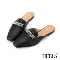 在飛比找momo購物網優惠-【HERLS】穆勒鞋-個性鍊條方頭平底穆勒鞋(黑色)