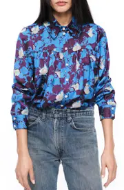 Smythe Floral Shirred Satin Button-Up Shirt in Lapis Floral at Nordstrom, Size Small